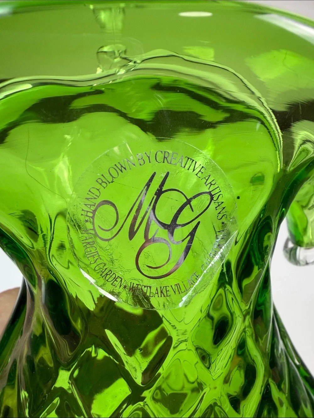 Vintage Hand Blown Green Art Glass Vase MG Creative Artisans Westlake Village